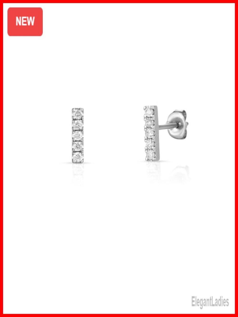 14K Solid Gold Natural Diamond 1/8 Ct Bar Stud Earrings